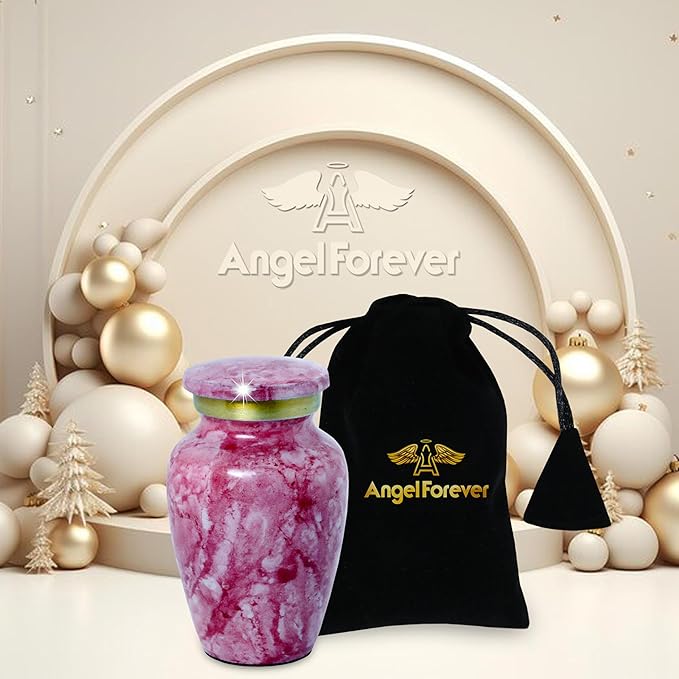 Small Keepsake Urn for Human or Pet Ashes – Handcrafted Light Red Marble Mini Urn with Velvet Bag & Gift Box | Durable Metal Memorial Token Jar for Baby, Infant, Pet or Loved One – 3 Cu in