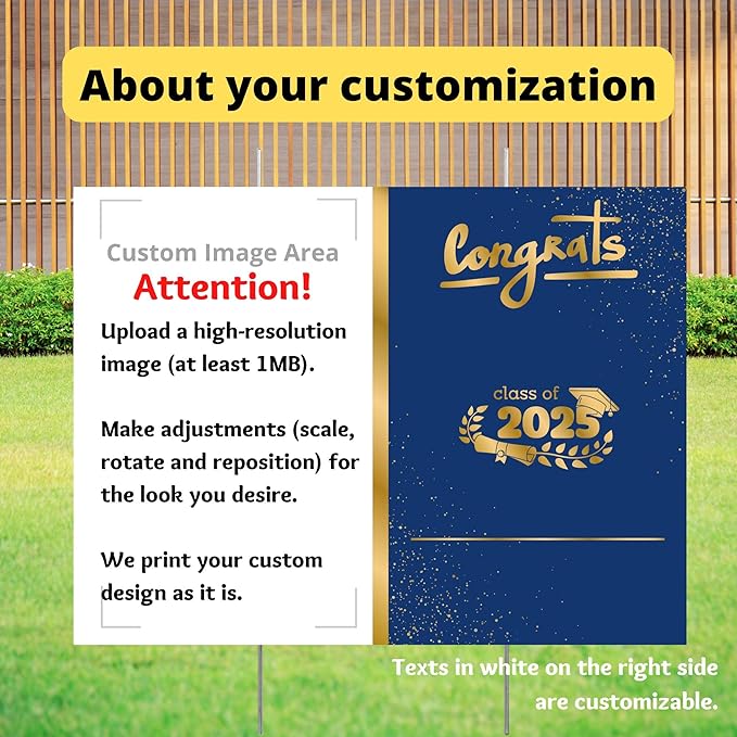 2025 Graduation Yard Signs Personalized, Custom Graduation Yard Sign with Graduate's Photo Print, Custom Text, and multi Color Options, Ready to Use Lawn Signs Graduation, 24" W x 18" H, Single or Double Sided Printing