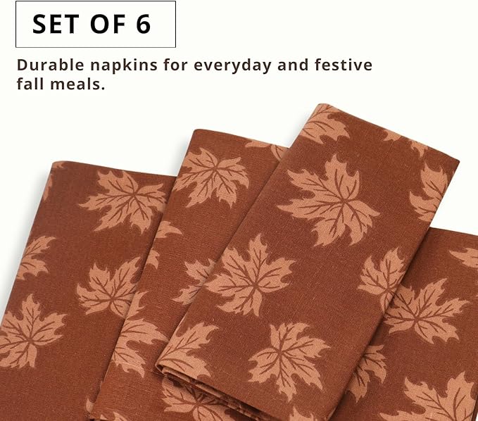PurpleEssences Rust Fall Napkin Maple Leaves Jacquard Napkins, 18x18 Autumn Fall Cloth Napkins Set of 6, Harvest Decor Thanksgiving, Damask Maple Leaves