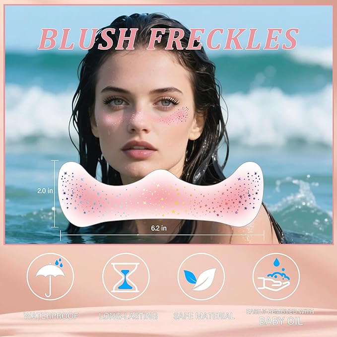 10 Pcs Holographic Multichrome Glitter Freckles Face Tattoos, 2-in-1 Rose-pink Blush and Holographic Laser Temporary Tattoos, Waterproof and Long-lasting Face Makeup Tattoos for Women and Girls