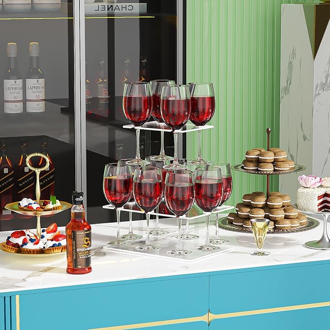 Champagne Tower, Rectangle Acrylic Drink Tower and Cocktail Tree Stand, Wine Rack with 12 Slots, 2 Tiers Floating Sight Champagne Flute Holder for Party, Wedding, School, Celebration, 13.3x9.4x14.9 inch, 2Pcs