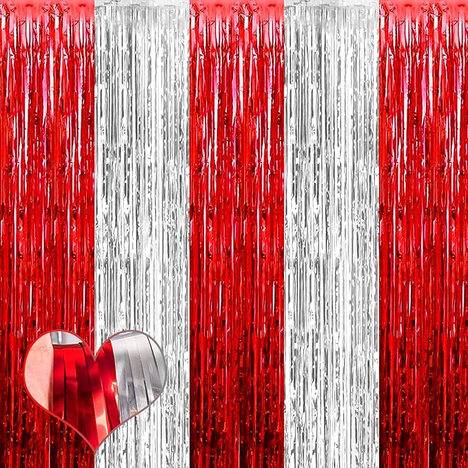 4 Pack 3.2Ft x 9.8Ft Red and Silver Fringe Curtain Backdrop, Metallic Tinsel Foil Fringe Streamers Curtains Background for Photo Booth Wedding Circus Welcome Carnival Birthday Party Decorations