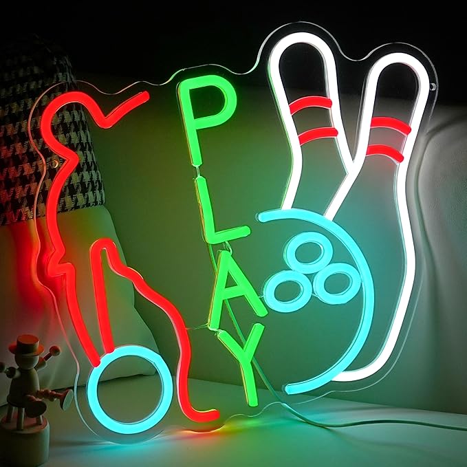 Play Sports Neon Sign for Wall Decor Basketball Neon Light Dimmable Bowling Ball Led Light Up Sign Sports-themed Led Light Sign for Boys Bedroom Gym Stadiums Man Cave Party (16.5 * 12.6 In)