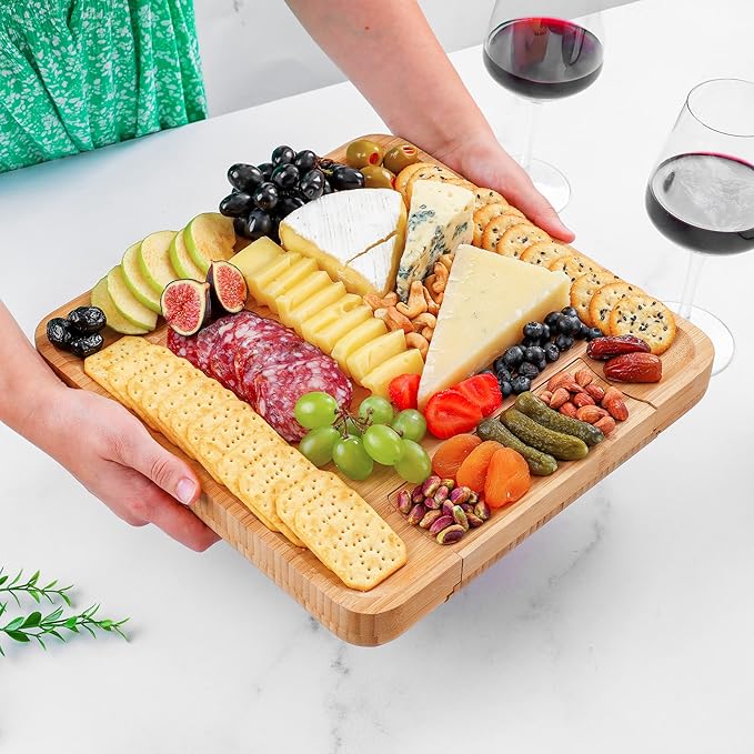 Zulay Kitchen Premium Bamboo Cheese Board Set - Extra Thick Bamboo Charcuterie Board Set with 4 Piece Knife Set - Wooden Cheese Board, Perfect for Charcuterie, Wine & Cheese - Charcuterie Gift Set
