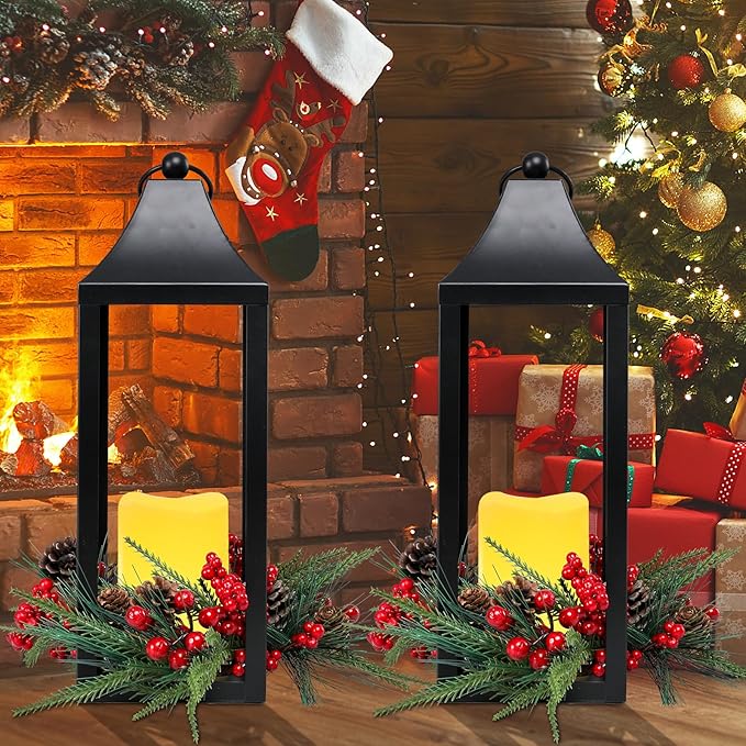 Christmas Lanterns Decorative Indoor, 2 Pack Christmas Lantern Outdoor, 16 Inch Decorative Candle Lanterns Flameless Light with Pine Cones and Berries for Table Centerpieces,Home, Porch Decor