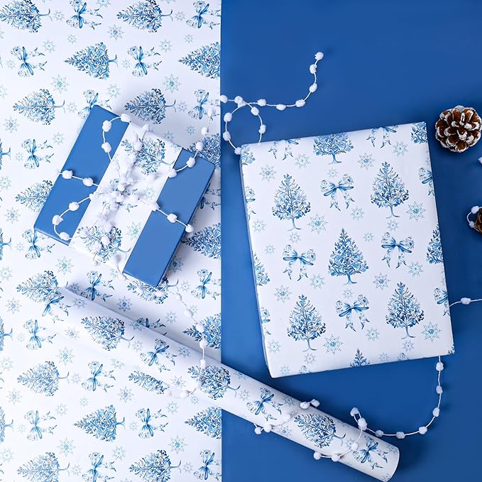 BIOBROWN Reversible Christmas Wrapping Paper - 17 Inch X 33 Feet (46.7 sq. ft. ttl.) - Holiday Trees and Bow Design Perfect for Xmas, Party, Holiday Gift Wrap