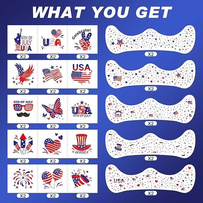 20 Pcs Blue Red and White Glitter Freckles Face Tattoos, Independence Day Glitter Freckles, Waterproof Face Temporary Tattoos for Women and Kids, USA Patriotic, Memorial Day Fake Tattoos