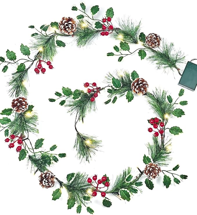 Smokey Pine Garland, Battery Operated Garland with Lights, 6FT Prelit Christmas Garland with Timer, Lighted Holly for Stairs Railing Mantle Fireplace Party Holiday