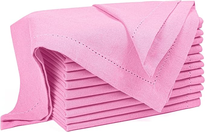 Palisa Pink Dinner Napkins with Hemstitched Detailing Set of 12 18x18 Inch – Cotton Cloth Soft Reusable Napkins for Summer, Restaurant, Table Linen for Weddings & Everyday Use – Pink Color