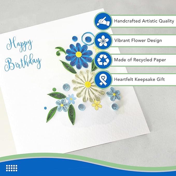 Quilled Birthday Card - Happy Birthday Quilled Floral Greeting Cards for Women -Blank Inside Quilling Cards for Woman- 6x6 Handmade 3D Paper Art Design with Luxury Green Envelope (Floral)