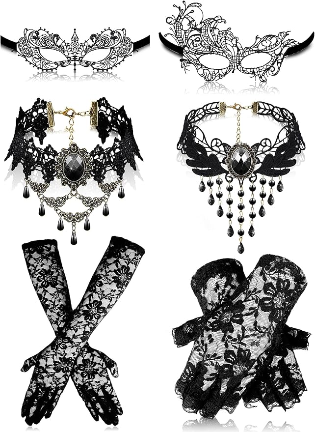 Newcotte 6 Pcs Masquerade Mask for Women Lace Mask Choker Necklace Glove for Christmas Halloween Venetian Party 80s 90s