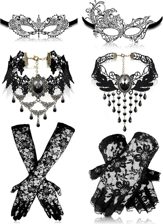 Newcotte 6 Pcs Masquerade Mask for Women Lace Mask Choker Necklace Glove for Christmas Halloween Venetian Party 80s 90s