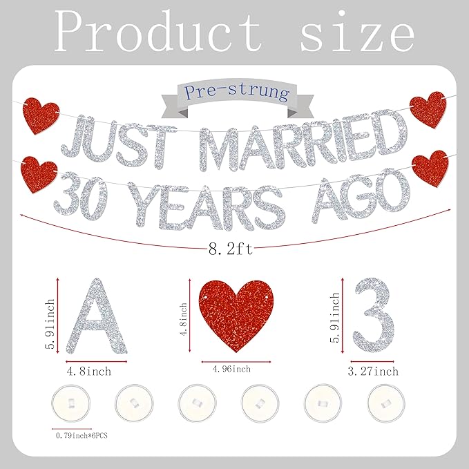 Just Married 30 Years Ago Glitter Banner,With adhesive hooks-NO DIY,30th Wedding Anniversary Party Decorations, We Still Do 30th Decor, 30 Years Blessed & Loved Decorations Supplies Silver&Red Glitter