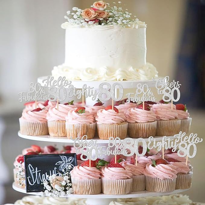 30PCS Happy 80th Birthday Cupcake Toppers Glitter Eighty Cheers to 80 Years Old Birthday Cupcake Picks Hello 80 Fabulous Cake Decorations for Happy 80th Birthday Anniversary Party Supplies Silver