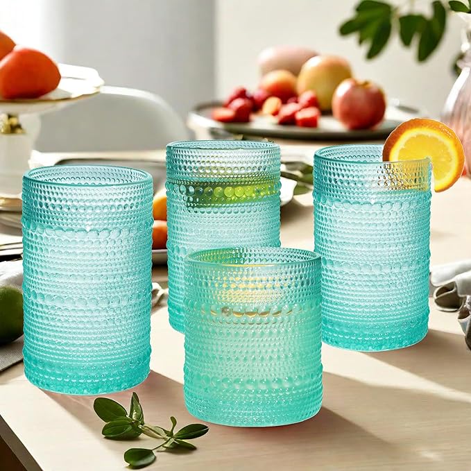 Vintage Hobnail Driinking Glasses Set, Glassware Drinking Set of 8, 12 oz Highball Glasses & 10 oz Cocktail Glasses, Tumbler Glasses for Cocktails, Whiskey, Juice, Milk