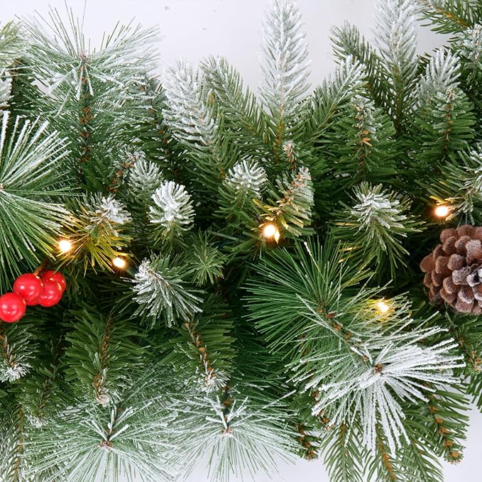 9ft Artificial Christmas Snow Garland with 50 led Lights Timer, Pine Cone, Christmas Red Berry Garlands Battery Powered Outdoor String for Mantle Stairs Railing Fireplace Door
