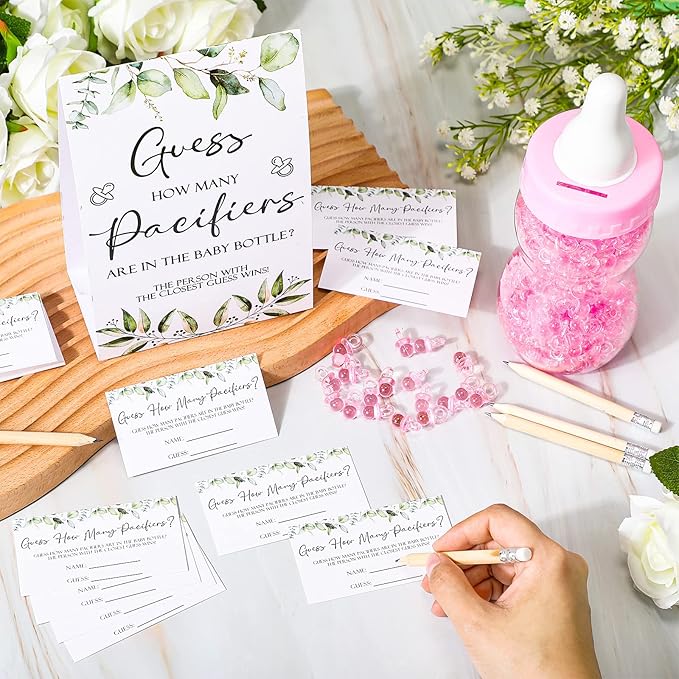Roowest 512 Pcs Baby Shower Games Guess How Many Pacifiers Sign 100 Small Guessing Games 10 HB Pencils 750ml Milk Bottle 400 Acrylic Pacifiers Decoration for Guest Gender Reveal(Pink,Plant)