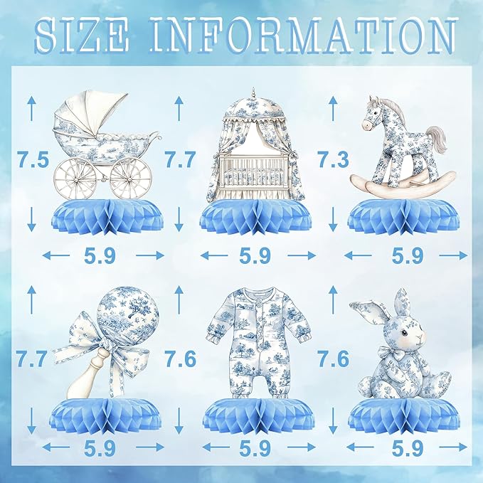 Blue Toile de Jouy Baby Shower Table Centerpieces – 12 PCS Classic French Nursery Honeycomb Decorations, Vintage Blue & White Boy Shower Table Décor