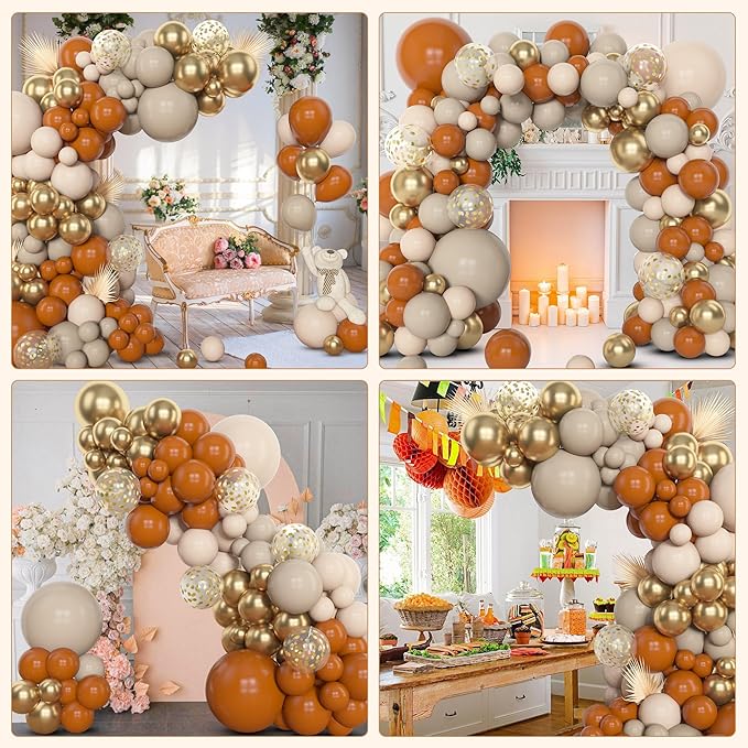 Amandir 153pcs Burnt Orange Balloon Garland Arch Kit, Different Sizes 18 12 10 5inch White Sand Nude Latex Metallic Gold Confetti Fall Thanksgiving Balloons for Baby Shower Birthday Party Decorations