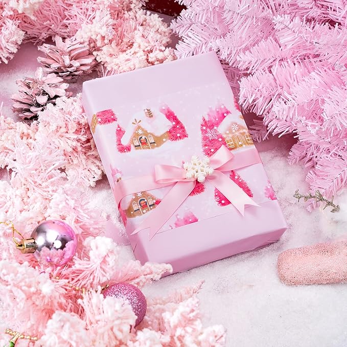 WRAPAHOLIC 30 Inch Jumbo Reversible Christmas Wrapping Paper - 30 Inch x 100 Feet Jumbo Roll Pink Gingerbread House and Solid Pink Wrapping Paper for Christmas, Holiday, Party Celebration
