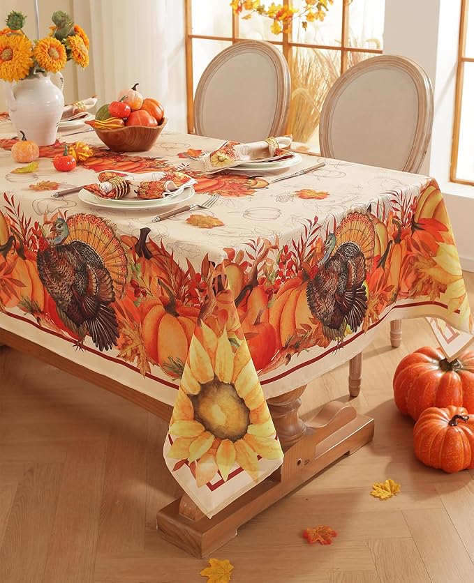 Honellaty Thanksgiving Rectangle Table Cloth 52x70 Inch, Fall Turkey & Pumpkin Tablecloth for Dinner, Thanksgiving, Harvest, Holiday Decor