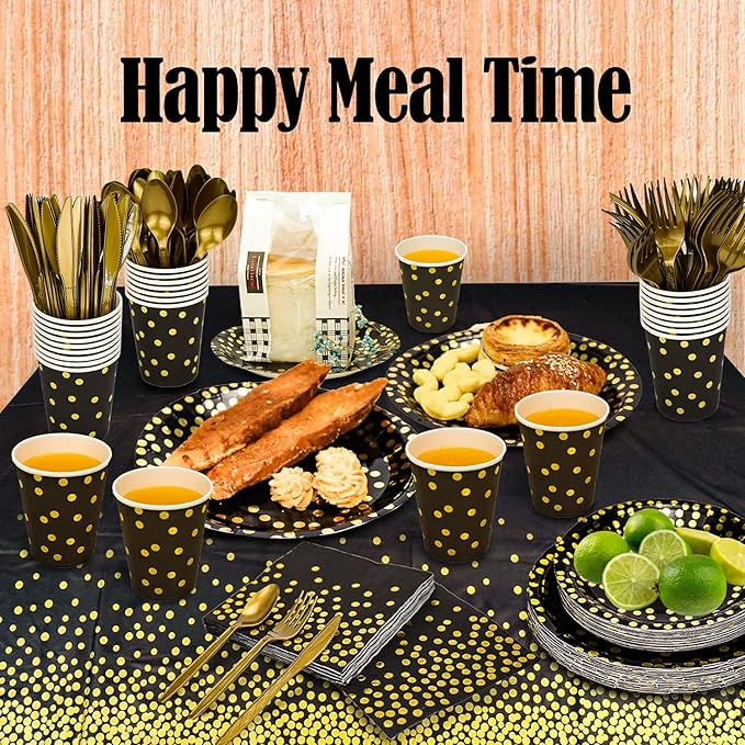 176 Pieces Gold Disposable Party Dinnerware Set &Golden Dot Disposable Party Dinnerware - Black Paper Plates Napkins Cups, Gold Plastic Forks Knives Spoons