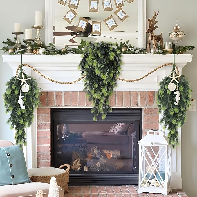RECUTMS Artificial Hanging Pine Needles Green Plants,Fake Greenery Pine Picks Outdoor Faux Plants Hanging for DIY Christmas Embellishing and Home Outside Garden Decoration in 2 Pcs(Light Green)