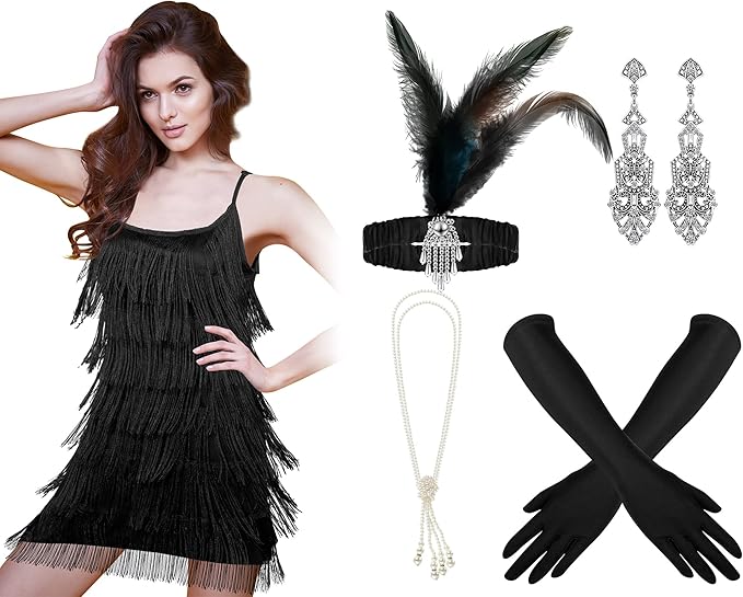 Zhanmai 6 Pcs Flapper Dress Flapper Costumes for Women 1920s Accessories Set Headband Pearl Necklace Earrings Gloves Stick
