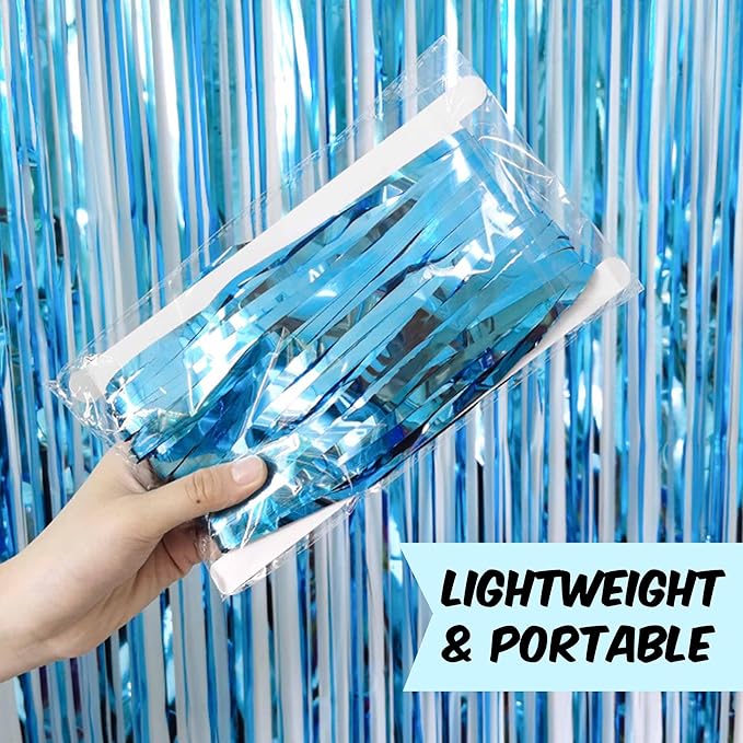 3 Pack Light Blue Foil Fringe Curtains Backdrop, 3.28 x 6.6 Ft Metallic Streamers Tinsel Curtains Background for Photo Booth, Birthday, Halloween, Christmas, Thanksgiving, New Year Party Decorations