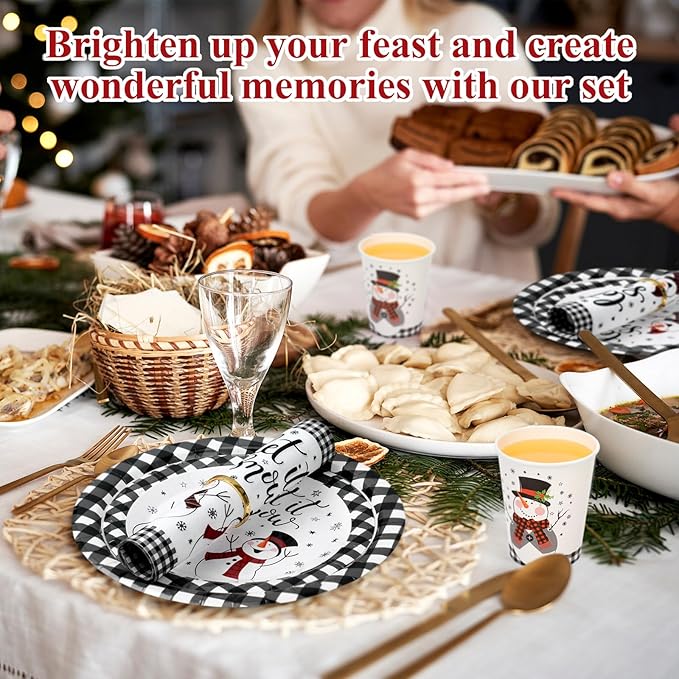 250 Pcs Christmas Snowman Paper Plates and Napkins Party Supplies White Black Buffalo Plaid Winter Disposable Tableware Set for Christmas Winter Holiday Xmas Party Decoration
