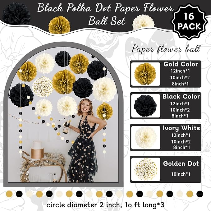Black and Gold Party Decorations, 16 PCS Tissue Paper Pom Poms Dots Paper Garland Kit for New Year Party, Graduation, Wedding, Birthday, Engagement, Baby Shower, Retirement Party Decor