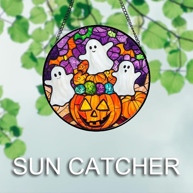 Stained Glass Window Hanging Halloween Horror Pumpkin White Ghost 6.3" - Suncatcher Door Garden Sunroom Gothic Style Sun Catcher Birthday for Friend Mom Men Woman Nana