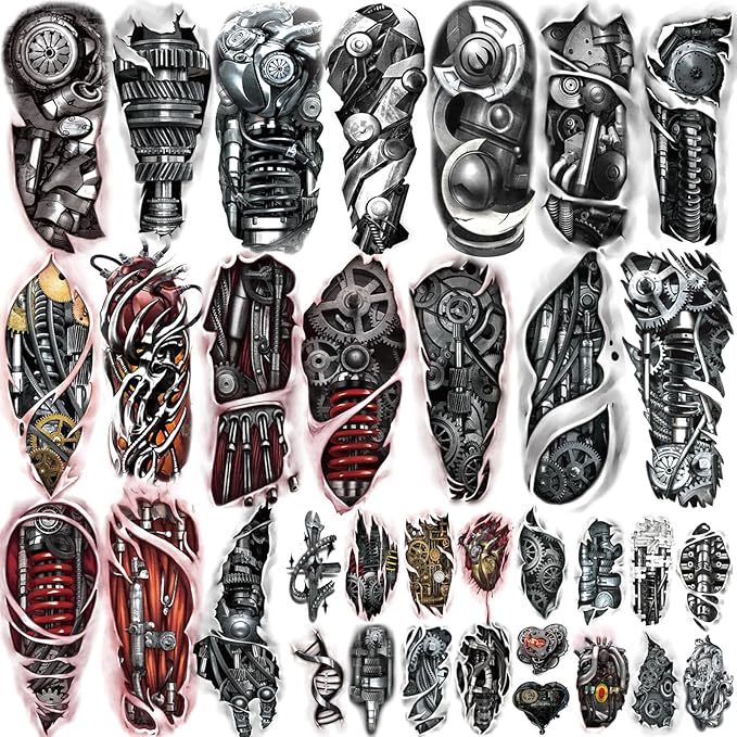 Yazhiji 77sheets Waterproof Mechanical Temporary Tattoo for Men or Women 17sheets Larger Half Arm Robot Realistic Fake Tattoos for Adult And 60 sheets Tiny Flower Tattoo Sticker Boys or Girls