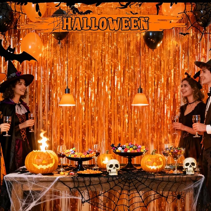 Crosize 3 Pack 3.3 x 9.9 ft Orange Foil Fringe Glitter Curtains Party Decorations, Tinsel Backdrop for Parties, Door Streamers for Birthday, Photo Booth Backdrops, Party Decor