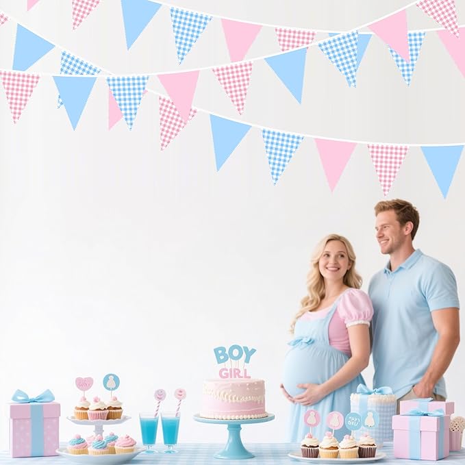 32Ft Pink Blue Gingham Party Decorations Blue Pink Gingham Fabric Triangle Banner Flag Plaid Pennant Garland Streamer for Gender Reveal Birthday Boy or Girl Baby Shower He or She Party Decor Supplies