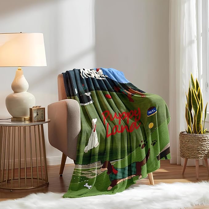 Flannel Blanket – 300GSM Soft Fleece Throw, Single-Sided Printed Dog Design, Cozy & Warm for Kids, Pets, Sofa, Bed, Travel – Cute Puppy Theme Blanket