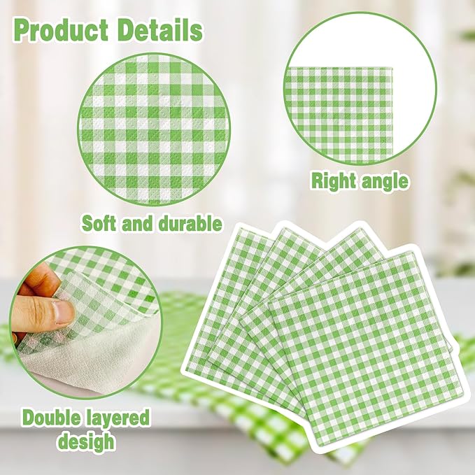 FLOWERCAT 100-Count 2-Ply Green Checkered Cocktail Napkins Gingham - Green and White Checkered Napkins Disposable Premium Quality - 5" x 5" Paper Napkins for Easter Party,Bar,Weddings