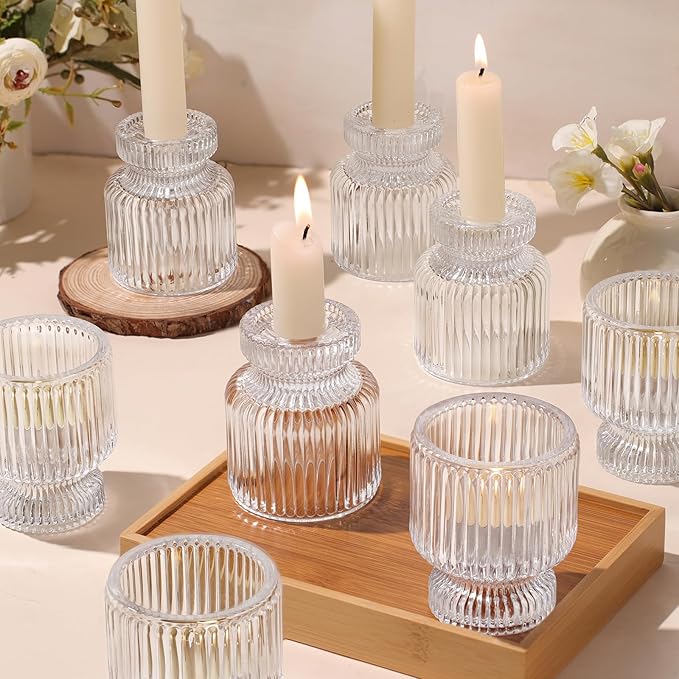 DARJEN 12 Pcs Glass Candlestick Holders- Clear Taper Candle Holders Tealight Votive Candle Holders for Table Centerpieces, Wedding, Dinner Party, Home Decor