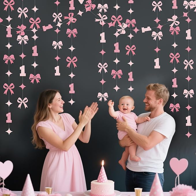 Pink Bow One Birthday Decorations Pink Glitter Paper Star Bow 1st Hanging Garland Streamer Banner for Happy First Birthday Baby Girl Bday Decor or 1st Anniversary Party Decorations Supplies