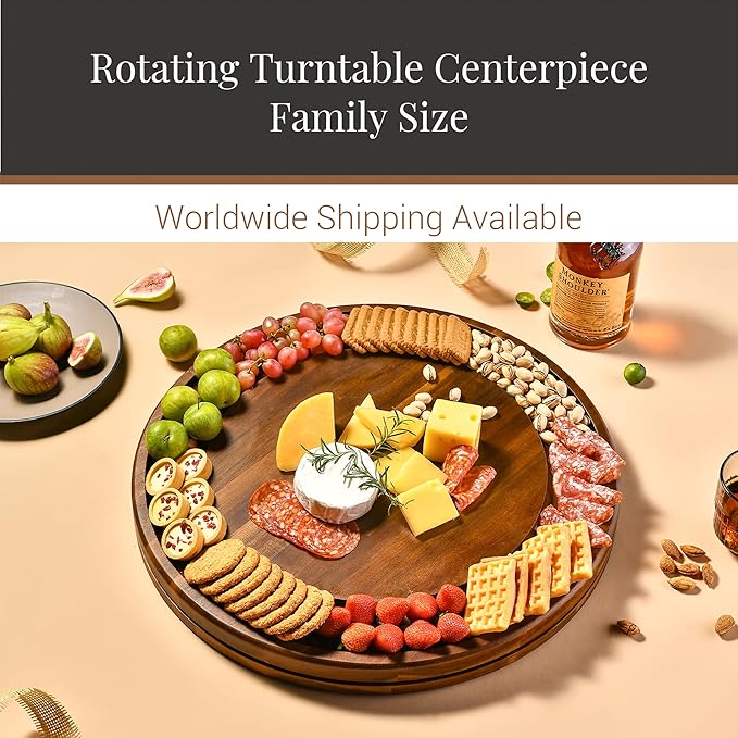 Shanik Acacia Wood Rotating Cheese Board – Round Lazy Susan Charcuterie Platter for Appetizers, Crackers, Meat, and Cheese Serving Tray