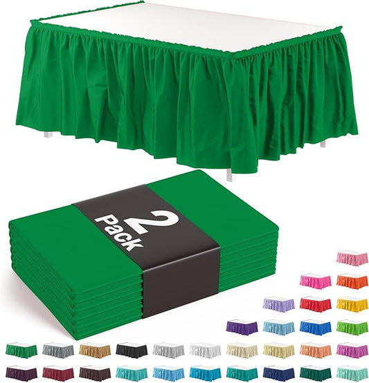 Exquisite Ruffle Table Skirt Emerald Green 2 Pack 14 Ft Long Table Skirts for Rectangle Tables 6ft Plus or Round Tables Skirts with Adhesive Strip for Gender Reveal Decor & Happy Birthday Parties