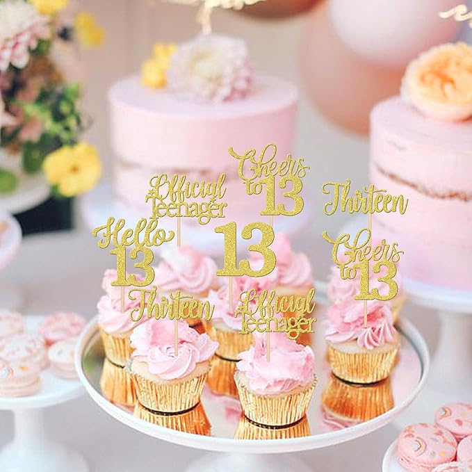 30PCS Happy 13th Birthday Cupcake Toppers Glitter Thirteen Official Teenager Hello 13 Cupcake Picks Cheers to 13 Birthday Decorations for 13th Birthday Anniversary Party Cake Decor Supplies Gold
