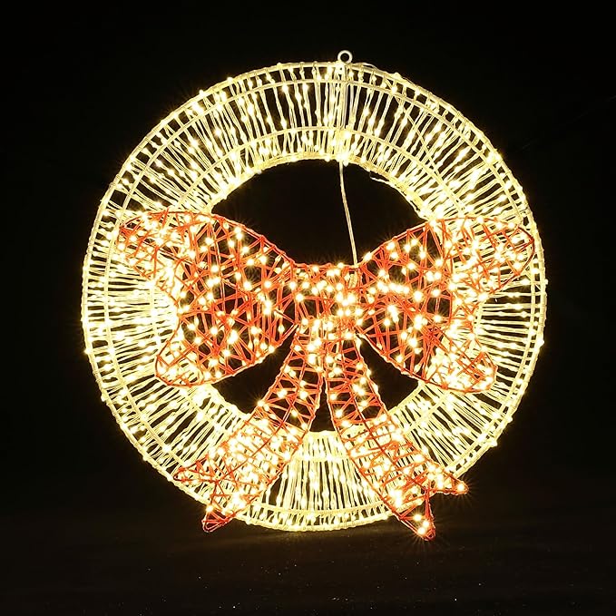 LuxenHome 1.5Ft Lighted Christmas Wreath, Christmas Outdoor Decorations, Large Wreath with LED Lights, Red Bow Wreath for Indoor, Lawn, Yard, Garden, Holiday Decor