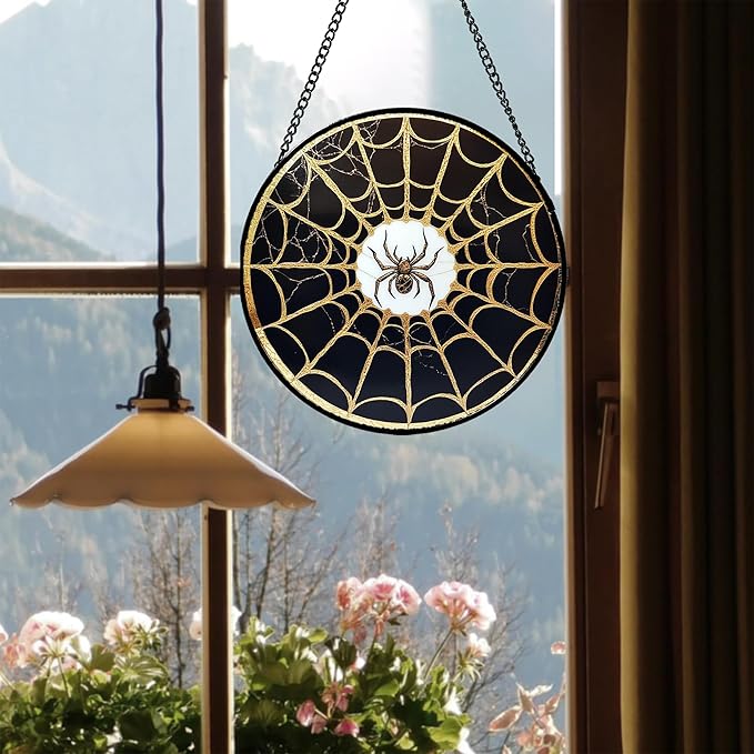 Stained Glass Window Hanging - Black Gold Spider Suncatcher for Door Terrace Garden Home Decor Halloween Sun Catcher Christmas Birthday Gifts for Lovers Women Men Dad Mom Nana 7.8 in