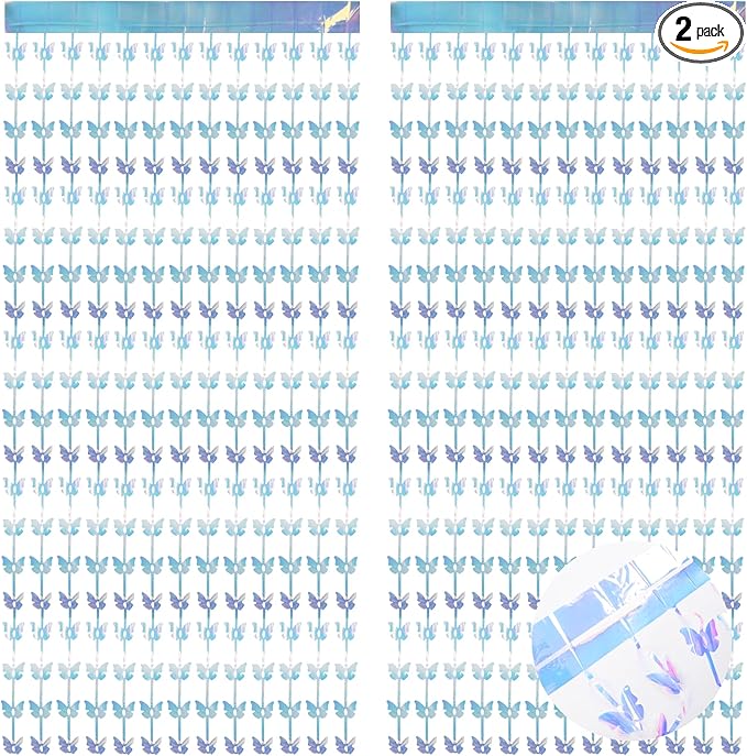 BRAVESHINE Iridescent Hanging Butterfly Foil Fringe Curtain - 2 Pack 3.2x6.6ft Holographic Party Streamers Backdrop for Baby/Bridal Shower/Mermaid/Frozen/Fairy/Princess/Butterfly Birthdays Decorations