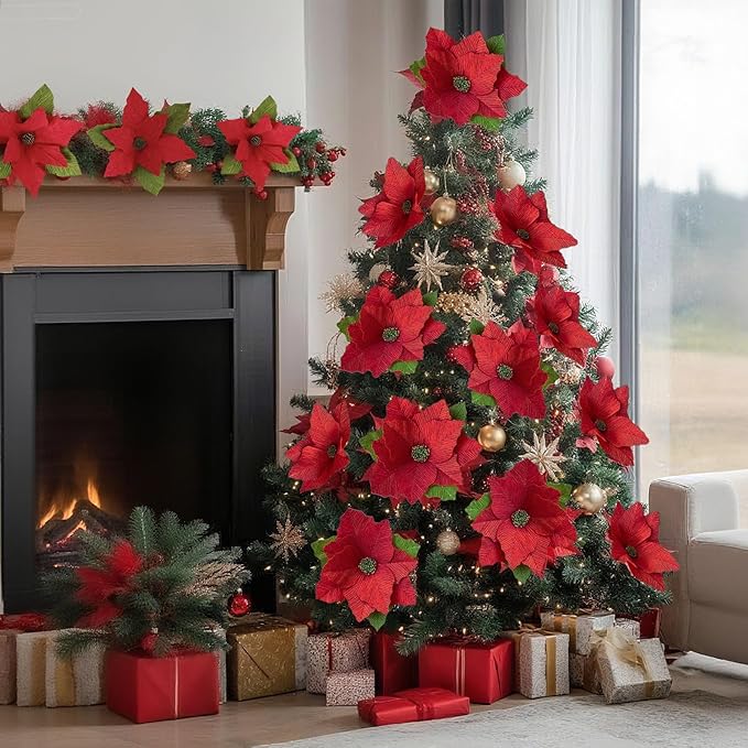 Handmade Poinsettia Christmas Flowers Decoration, Crepe Paper Poinsettia Flower with Clips Christmas Tree Artificial Flower Decorations with Stems for DIY Xmas Wreath Holiday Party Home Wall Decor