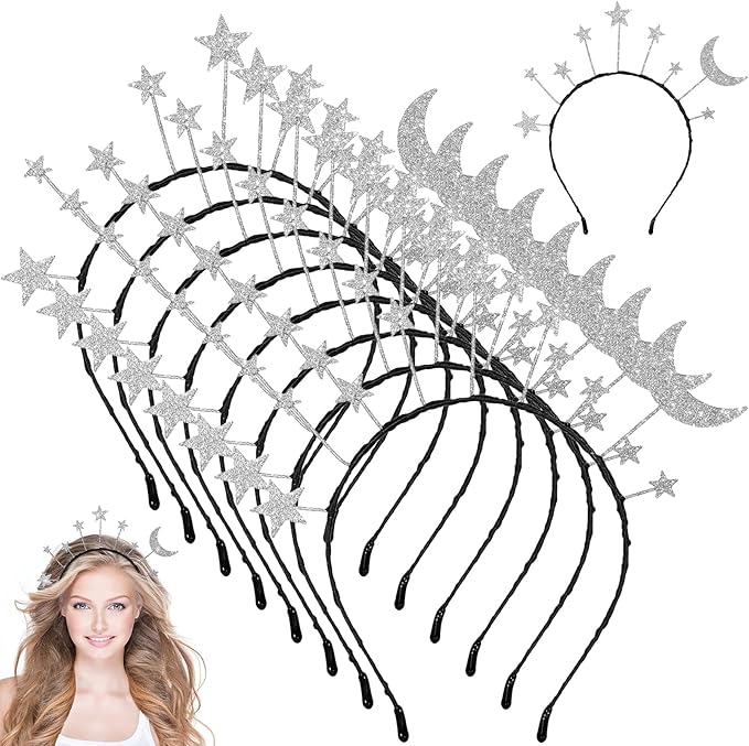 Yinder 8 Pcs Star Moon Headband Ramadan Costume Accessories Silver Birthday Party Hair Hoop for Women Wedding Cosplay
