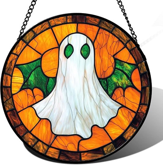 Stained Glass Window Hanging - Halloween Decorations Bat Wings Ghost Suncatcher for Doors Garden Indoor Spooky Funny Sun Catchers Gothic Decor Horror Gifts for Women Men Friend 15 in