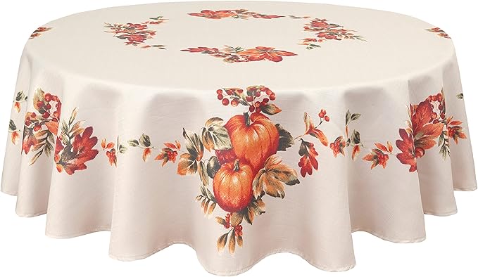 Lintex Thanksgiving Traditions Autumn Harvest Bordered Thanksgiving Tablecloth, Autumn Fall Leaves and Pumpkin Patch Border Print Easy Care Fabric Tablecloth, 70” Round
