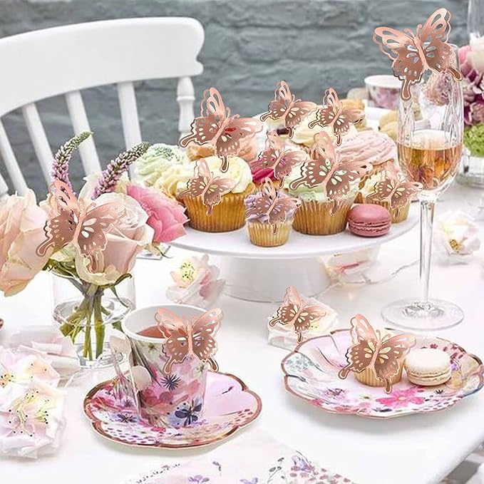 40 PCS Rose Gold Lively 3D Butterfly Cupcake Toppers Hollow Art Butterfly Cake Topper Decorations for Baby Shower Wedding Anniversary Kids Birthday Party Supplies Mixed Size